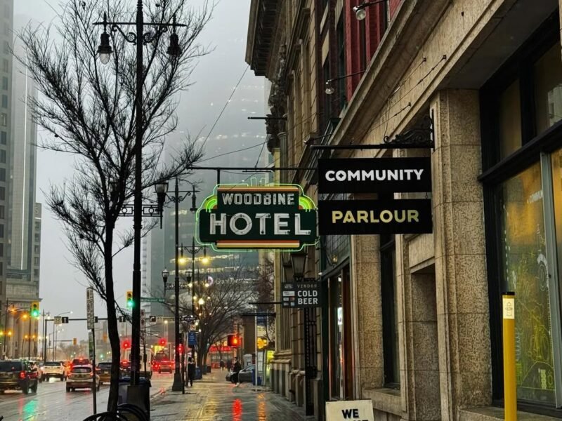 Woodbine Hotel, rainy Main Street